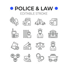 Fototapeta na wymiar Police linear icons set. Law enforcement. Transport, protection equipment. Thin line contour symbols. Isolated vector outline illustrations. Editable stroke