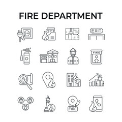 Fire department linear icons set. Firefighters. Rescue service. Thin line customizable illustration. Contour symbol. Vector isolated outline drawing. Editable stroke