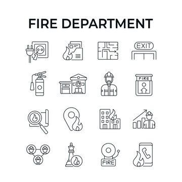 Fire department linear icons set. Firefighters. Rescue service. Thin line customizable illustration. Contour symbol. Vector isolated outline drawing. Editable stroke