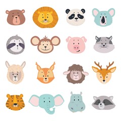 Animal faces. Cute doodle head of bear, lion and panda, monkey and pig, tiger. Elephant, cat and deer, behemoth vector cartoon characters. Safari and wild forest adorable cartoon animals