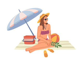 Woman in bikini swimsuit sitting on blanket under umbrella, sunbathing on beach flat cartoon character. Vector lady in straw hat and sunglasses chilling on seashore, rest on holiday vacation