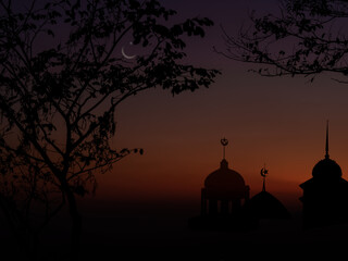 Ramadan kareem religion symbols. Mosques Dome in twilight night with Crescent Moon and sky dark...