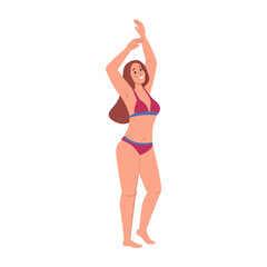 Body positive lady in bikini swimsuit isolated normal physique flat cartoon character. Vector sexy smiling girl, fashion model. Body positivity, pretty female in summer swimwear, summer vacation