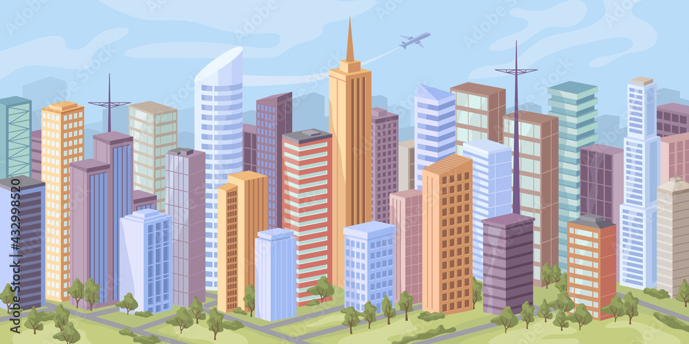 Wall mural city panorama, skyscraper offices, real estate buildings, road and trees on green grass flat cartoon