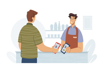 Man paying by smartphone using qr code flat cartoon vector illustration. Modern wireless technologies, mobile payments for purchases via nfc. Supermarket store counter cashier worker and shopper