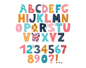 Latin multi-colored alphabet and numbers from 0 to 9 in the style of doodles on a white background. Cute bright vector English capital letters, funny hand-drawn font © Vetriya
