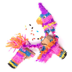 Broken colorful donkey pinata isolated on white