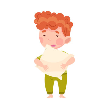 Cute Redhead Boy in Pajamas Holding Pillow Feeling Sleepy Vector Illustration