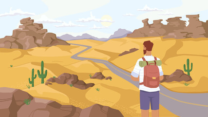 Travel in Sahara desert, man traveler observe beautiful landscape on savanna, rocky mountains and green cactus plants. Back view of guy with rucksack watch on road in sand, outdoor adventure - obrazy, fototapety, plakaty