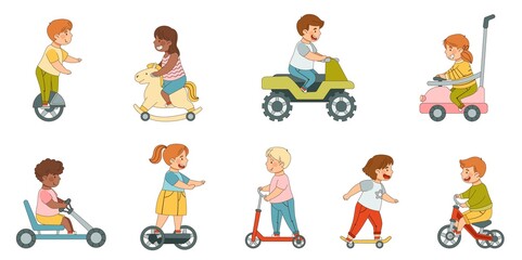 Little Kids Driving Electric Car and Riding Scooter Enjoying Outdoor Activity Vector Set