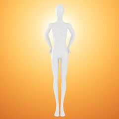 A white female slim mannequin stands with her hands on her belt against an orange backlit background. Front view. 3d rendering