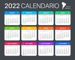 2022 Calendar - vector illustration - Spanish South Latin American Version