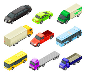 Urban Transport and Street Vehicle with Bus, Truck and Motor Car Isometric Vector Set