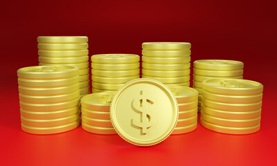 3d illustration a pile of gold coins gold investment pile on red background 3d coin icon for a pile of dollars 3d rendering 