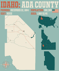 Large and detailed map of Ada county in Idaho, USA.