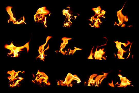 The set of 15 thermal energy flames image set on a black background. 
