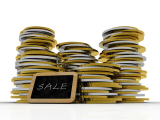 3d rendering Gold coins with sale text
