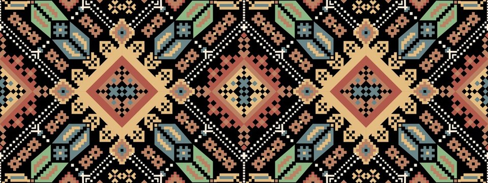 Bohemian, fashionable seamless ornament in ethnic Hutsul style. In modern trendy shades. Perfect for the design of fabrics, clothing, interiors.