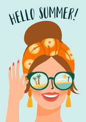 Vector illustration of cute lady in glasses on tropical beach.