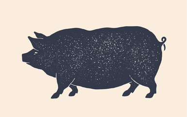Pork, pig. Vintage retro print, black white pig drawing, grunge old school style. Isolated black silhouette pig on white background. Side view profile. Vector Illustration