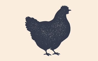 Hen, chicken. Isolated black silhouette hen, white background. Vintage logo, retro print, poster for Butchery meat shop, hen silhouette. Logo template for meat business, meat shop.Vector Illustration