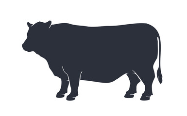 Cow or bull silhouette. Black and white isolated cow or bull silhouette. Vintage retro print for meat business, meat shop, restaurant menu. Logo, sign cow or bull for butchery. Vector Illustration