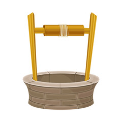 Stone Well as Structure in the Ground for Accessing Water with Rope for Pulling Bucket Vector Illustration