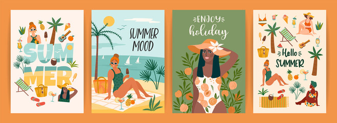 Fototapeta na wymiar Set of bright summer illustrations with cute women. Summer holliday, vacation, travel. Vector templates