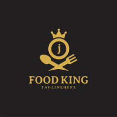 Naklejka premium Initial letter J King food Logo Design Template. Illustration vector graphic. Design concept fork,spoon and crown With letter symbol. Perfect for cafe, restaurant, cooking business