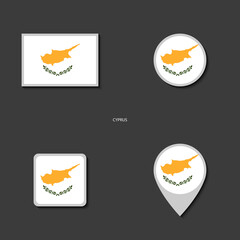 Cyprus flag icon set in different shape (rectangle, circle, square and marker icon) on dark grey background. Cyprus flag icon collection on barely dark background.