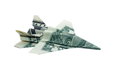 Money Origami Jet FIGHTER Right Side View Folded with Real One Dollar Bill Isolated on White...