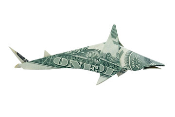 Money Origami Great White SHARK Right Side View Folded with Real One Dollar Bill Isolated on White...