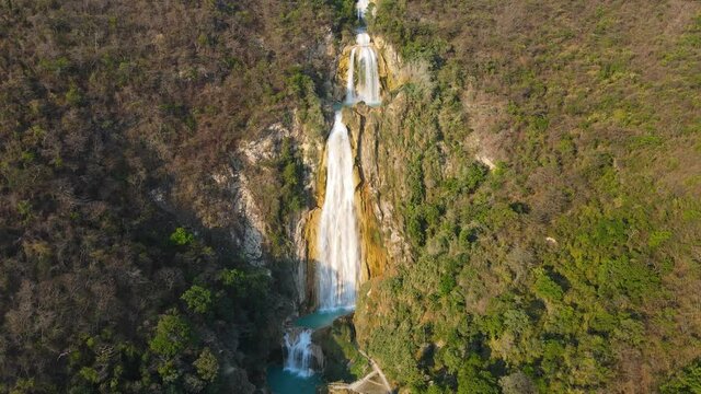 Beautiful El Chiflon Waterfall, high 4K aerial view of cascade in Chiapas Mexico