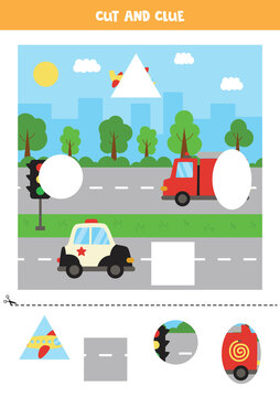 Match parts of picture. Transportation view. Cutting practice.