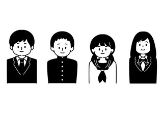 モノクロ人物アイコンセット　学生男女4人

