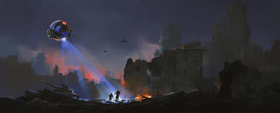Trackers are hunting surviving humans in the ruins, sci-fi illustration.