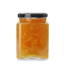 Delicious orange marmalade in jar on white background
