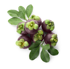Fresh mangosteen fruits with green leaves on white background, top view