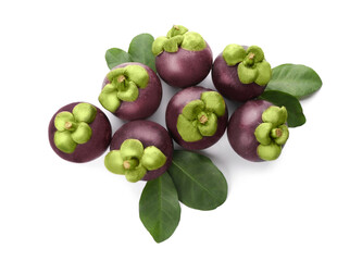 Fresh mangosteen fruits with green leaves on white background, top view