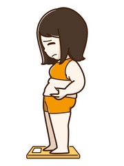 体重計に乗る肥満に悩む女性　
