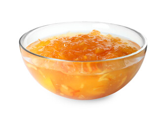 Delicious kumquat jam in bowl on white background