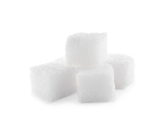 Pile of sugar cubes on white background