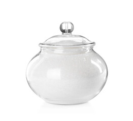 Granulated sugar in jar on white background