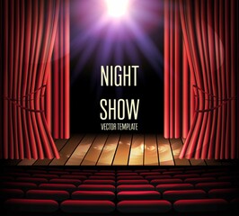 Red velvet curtain in theater or cinema. Flashlight. Scene. Stage. Realistic digital illustration. Night show flyer template. Graphic design for Stand-Up Comedy, Cinema, Opera, Theater. Vector EPS10.