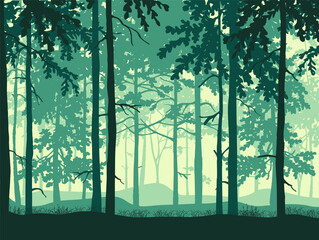 Forest background, silhouettes of trees. Magical misty landscape. Blue and green illustration. 