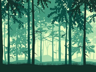 Forest background, silhouettes of trees. Magical misty landscape. Blue and green illustration.  © Anna