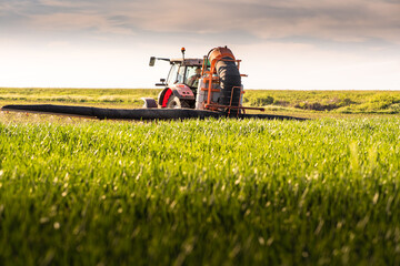 Obraz premium Tractor spraying pesticides wheat field.