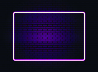 Neon pink light on dark brick wall vector illustration. Neon border or frame. Lights sign. Vector abstract neon background for signboard or billboard. Geometric glow outline.