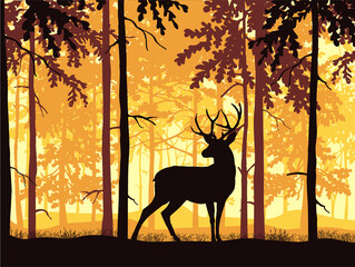 Deer with antlers posing, forest background, silhouettes of trees. Magical misty landscape. Brown, orange and yellow illustration. 