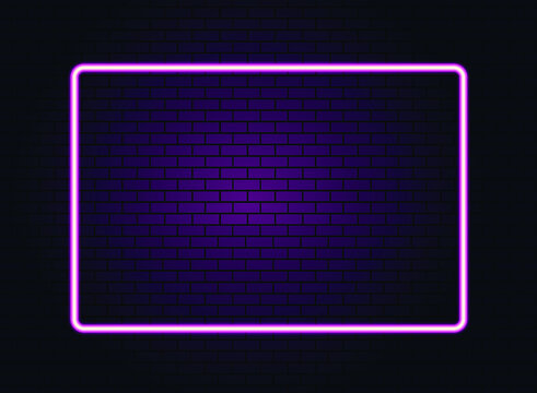Neon pink light on dark brick wall vector illustration. Neon border or frame. Lights sign. Vector abstract neon background for signboard or billboard. Geometric glow outline.
